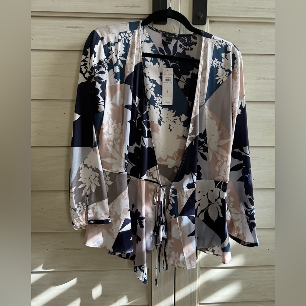 Ann Taylor Navy and Cream Floral Blouse